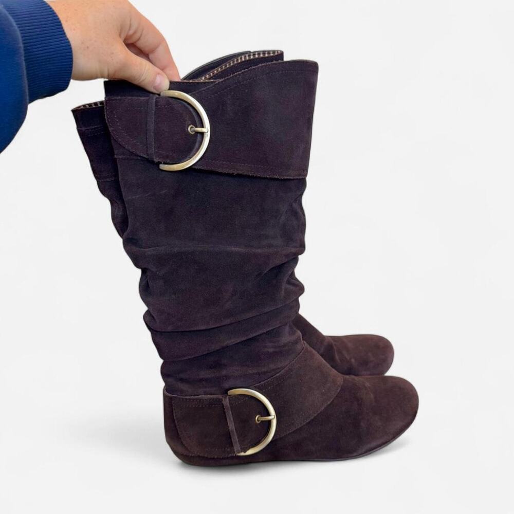 Naughty monkey y2k slouchy brown suede boots with buckle detail